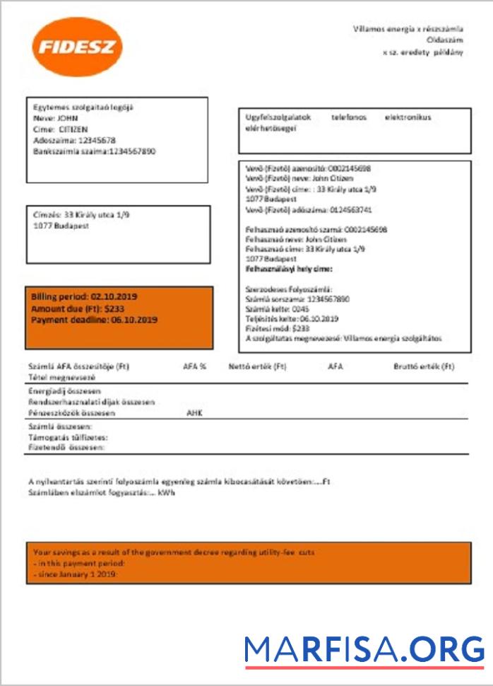 Realistic Hungary FIDESZ easy to fill utility bill real example